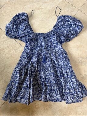 Girls Blue Floral Puff-Sleeve Summer Dress